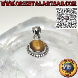 Round silver pendant with a tiger's eye surrounded by spheres