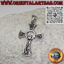 Silberner Anhänger, keltisches Kreuz mit Herzkrone und 4 Tyrone-Knoten