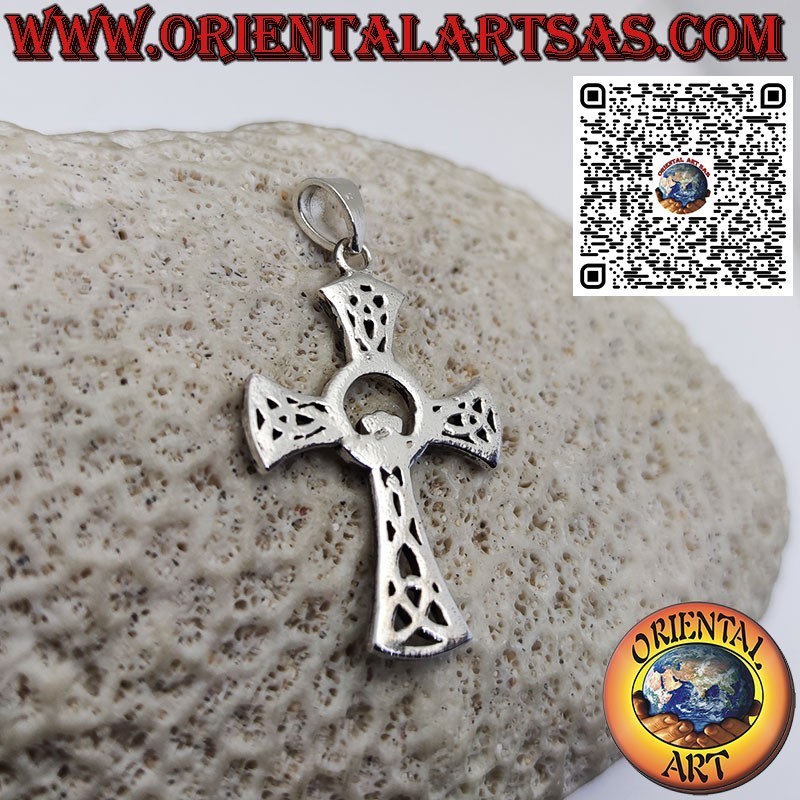 Silberner Anhänger, keltisches Kreuz mit Herzkrone und 4 Tyrone-Knoten