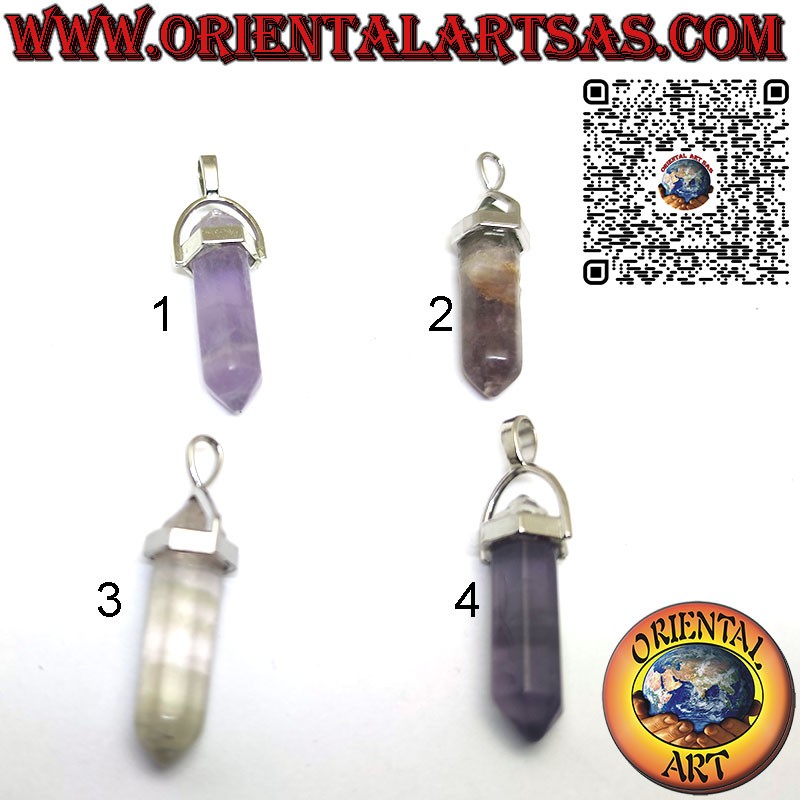 Ciondolo prisma esagonale biterminato in Fluorite Naturale burattato