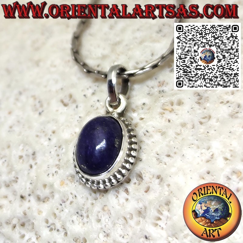Silver pendant with oval lapis lazuli surrounded by balls