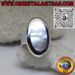 Silver ring with wide band and oval mother-of-pearl with smooth edge