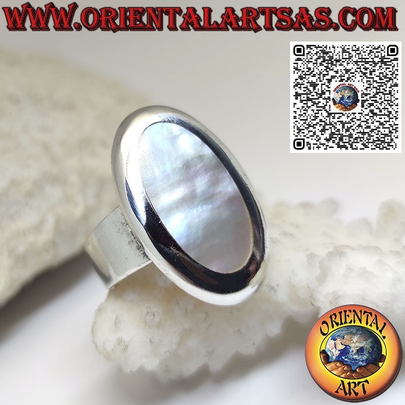 Silberring mit breitem Band und ovalem Perlmutt mit glatter Kante