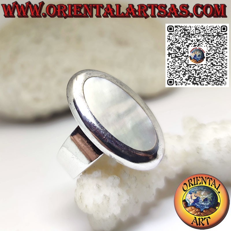 Silver ring with wide band and oval mother-of-pearl with smooth edge
