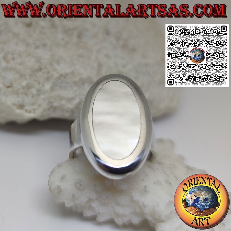 Silver ring with wide band and oval mother-of-pearl with smooth edge