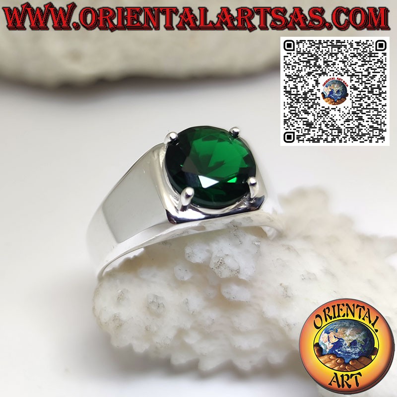 Silver ring with round synthetic emerald set in 4 prongs