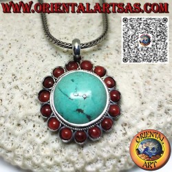 Silver pendant with round natural Tibetan turquoise with corals