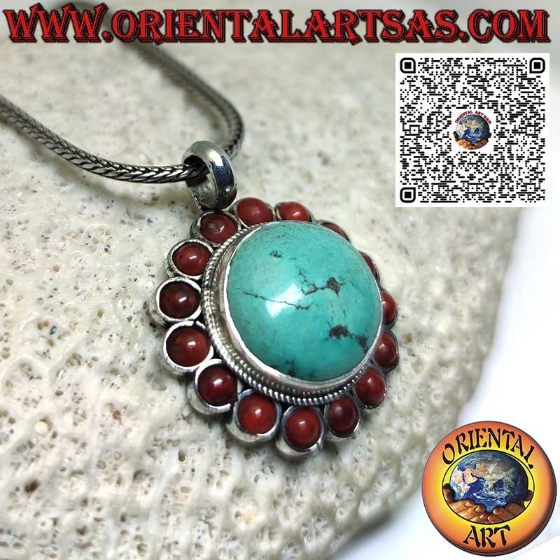 Colgante de plata con turquesa tibetana natural redonda con corales