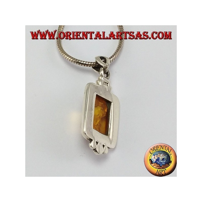 Silver pendant with rectangular Amber with three balls