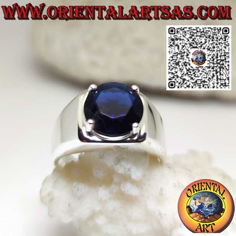Silver ring with round synthetic Sapphire set with 4 prongs