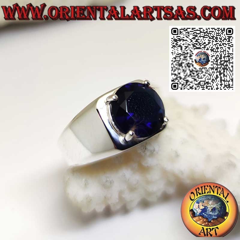 Bague en argent avec Saphir synthétique rond serti de 4 griffes