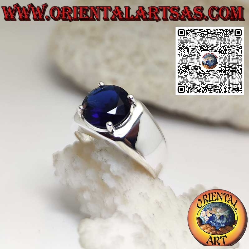 Anello in argento con Zaffiro sintetico tondo incastonato a 4 griffe