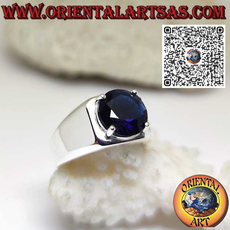 Anello in argento con Zaffiro sintetico tondo incastonato a 4 griffe
