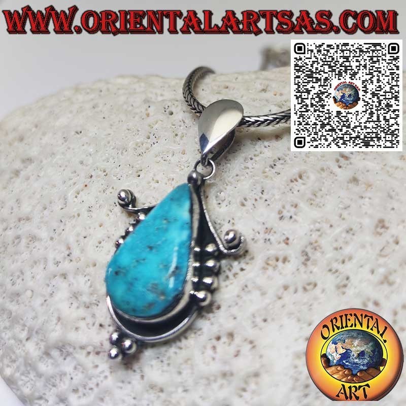 Pendentif en argent avec ensemble turquoise tibétain naturel en forme de larme