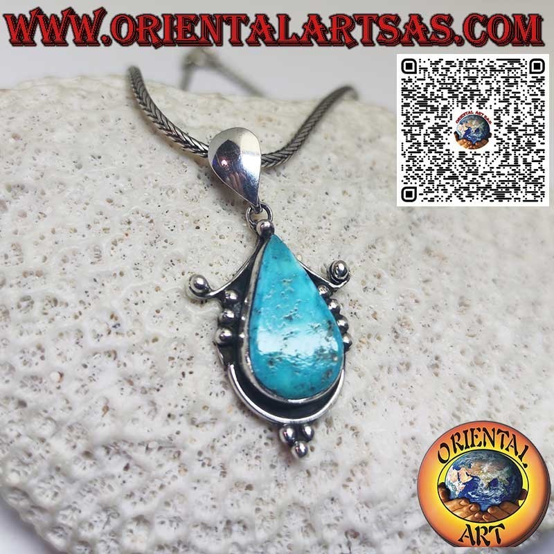 Silver pendant with natural Tibetan teardrop turquoise set
