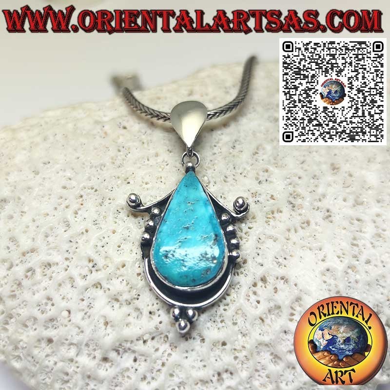 Ciondolo in argento con Turchese naturale tibetano a goccia incastonato