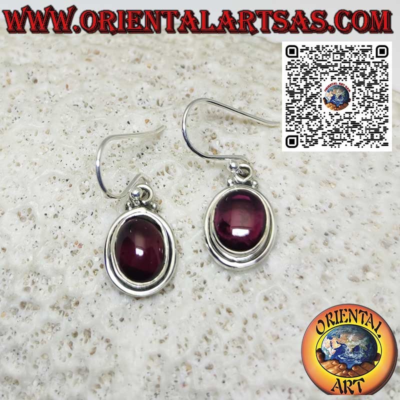 Pendientes de plata con granate natural con doble filo liso