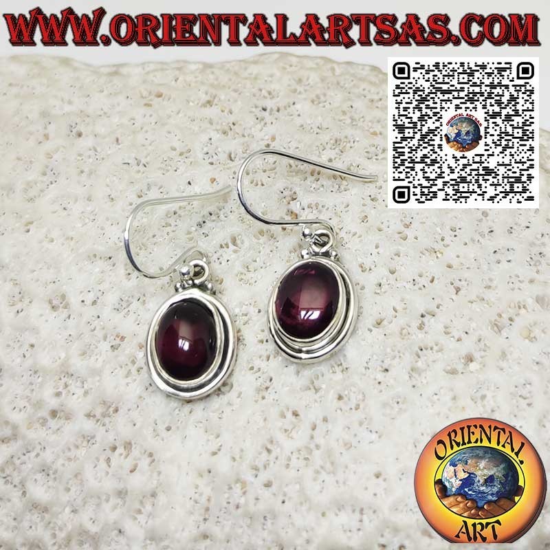 Silver earrings with natural garnet with double smooth edge
