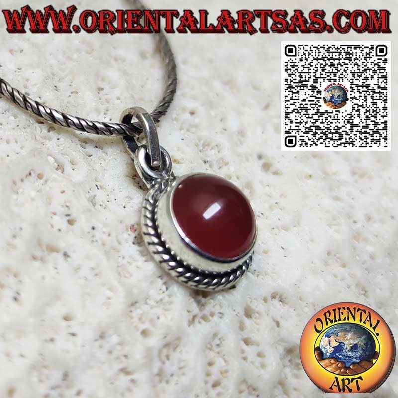 Silver pendant with natural round carnelian surrounded by braid