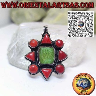 Silver pendant with natural Tibetan turquoise and natural corals