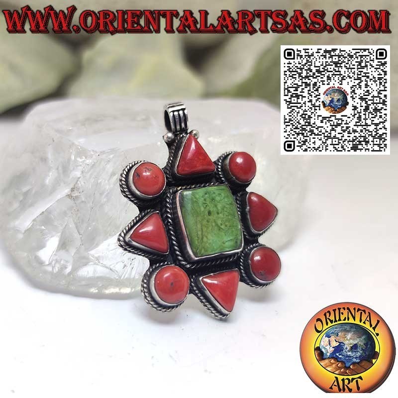 Silver pendant with natural Tibetan turquoise and natural corals