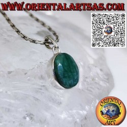 Silver pendant with tall smooth contoured oval natural emerald