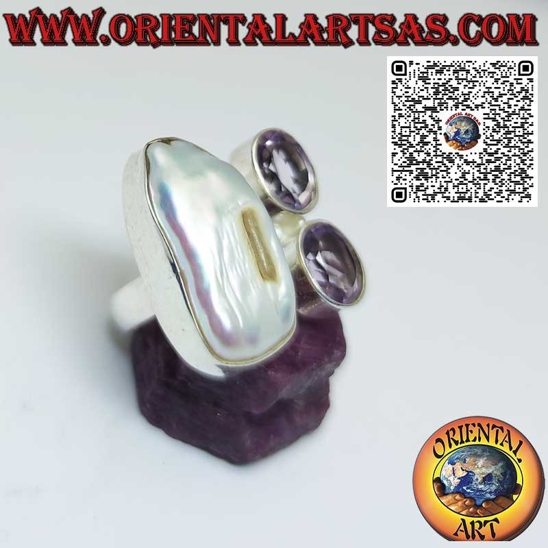 Bague en argent avec perle d'eau douce et 2 belles améthystes naturelles