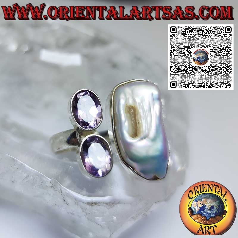 Silberring mit Süßwasserperle und 2 wunderschönen natürlichen Amethysten