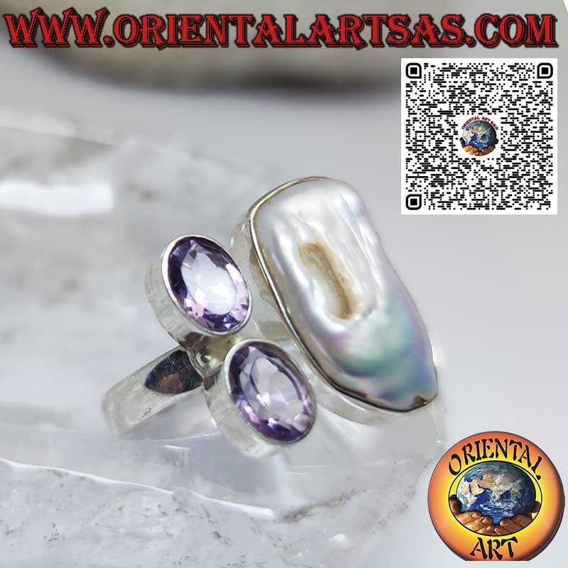 Silberring mit Süßwasserperle und 2 wunderschönen natürlichen Amethysten