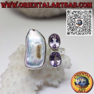 Bague en argent avec perle d'eau douce et 2 belles améthystes naturelles