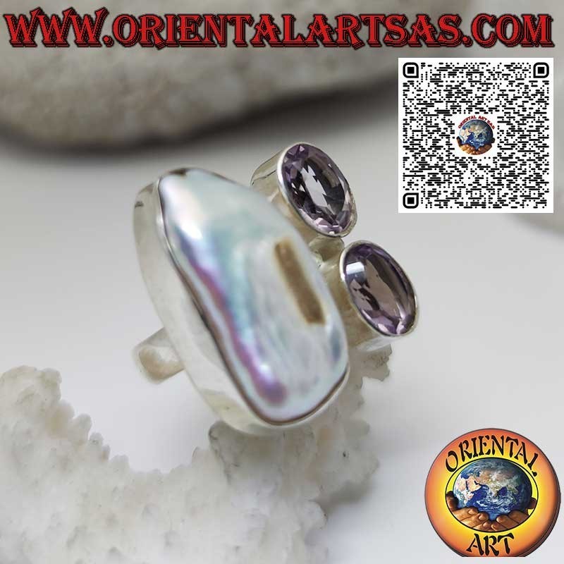 Anillo de plata con perla de agua dulce y 2 preciosas amatistas naturales
