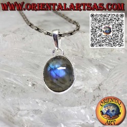 Silver pendant with natural oval labradorite set on high edge