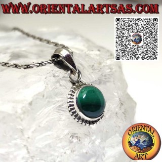 Ciondolo in argento con malachite naturale tonda contornata da sfere