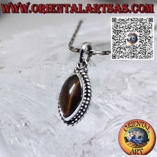 Pendentif en argent avec un oeil de tigre navette entouré de sphères