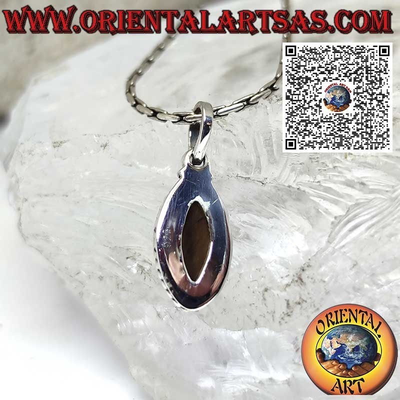 Silver pendant with a shuttle tiger eye surrounded by spheres