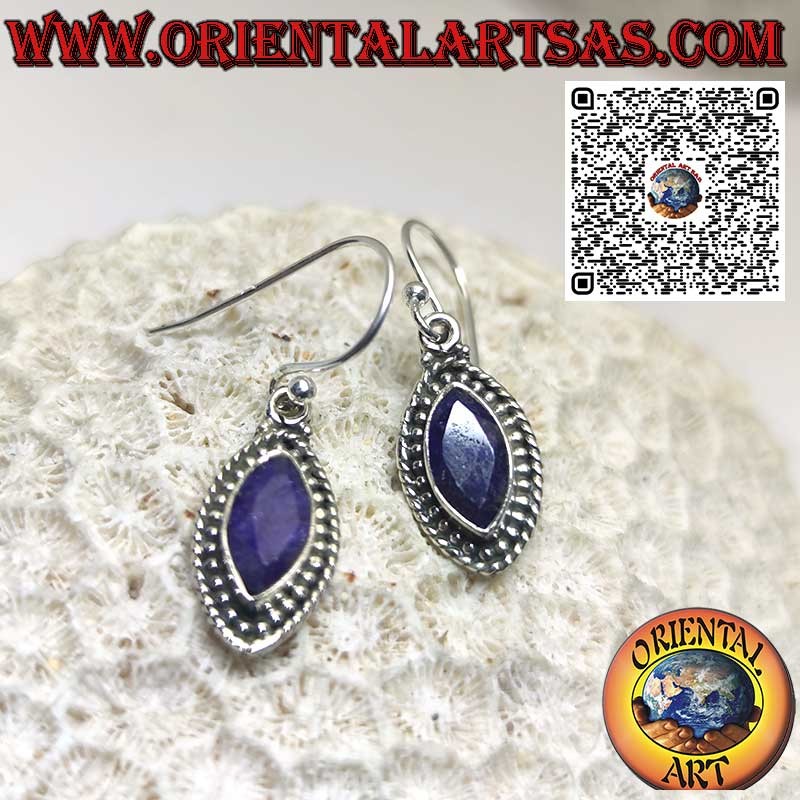 Silver earrings with natural shuttle sapphires and dot edge