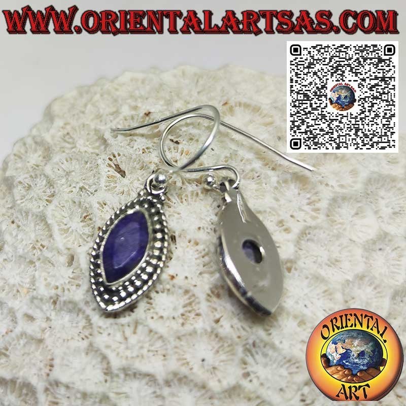 Silver earrings with natural shuttle sapphires and dot edge