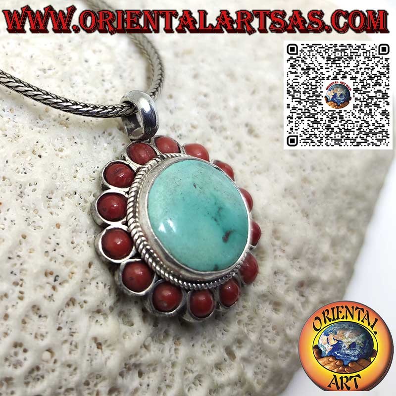 Pendentif en argent avec turquoise tibétaine naturelle ronde et 14 coraux