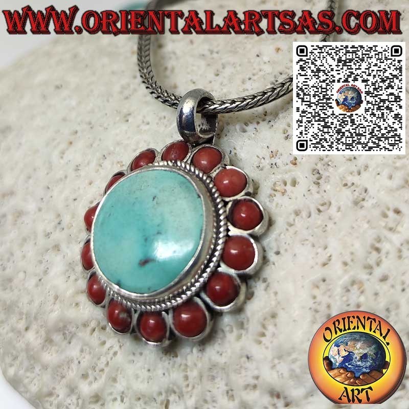 Colgante de plata con turquesa tibetana natural redonda y 14 corales