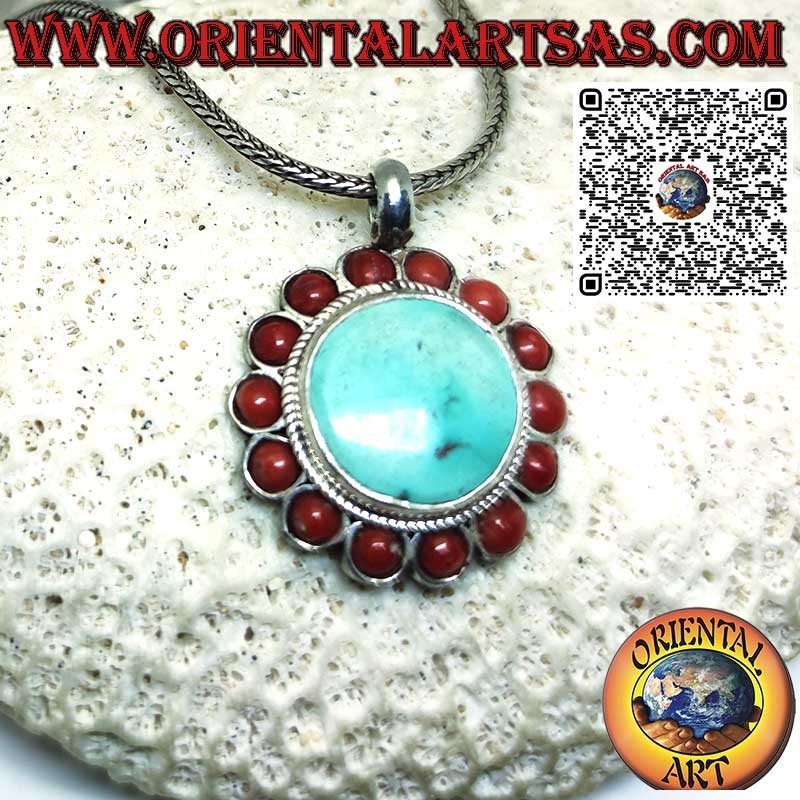 Colgante de plata con turquesa tibetana natural redonda y 14 corales