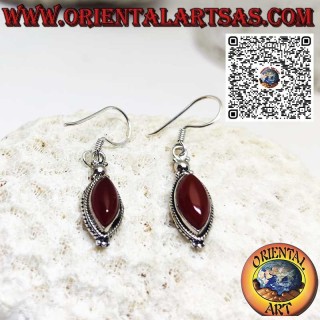 Boucles d'oreilles en argent avec cornaline navette entourée de galon et de sphères