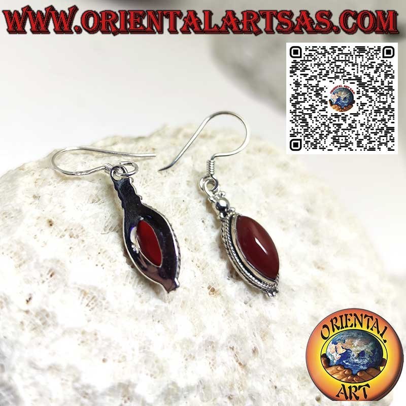Silver earrings with shuttle carnelian surrounded by braid and spheres