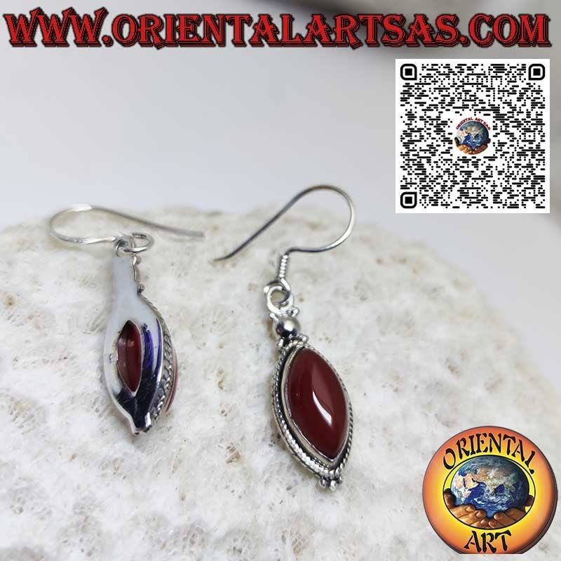 Silver earrings with shuttle carnelian surrounded by braid and spheres