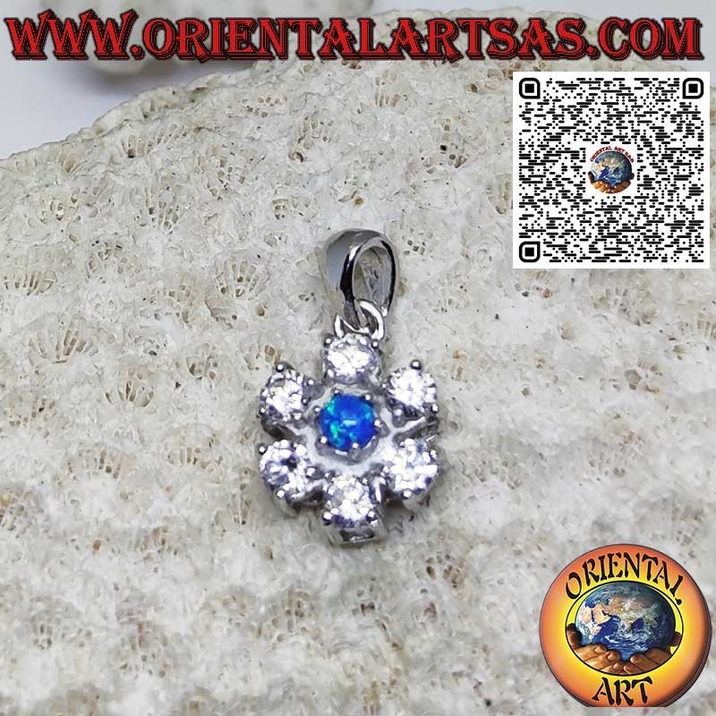 Colgante de plata 925 ‰ con ópalo azul redondo rodeado de circonitas