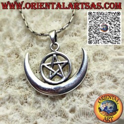 Silver pendant, wicca "pentagram and crescent moon" symbol of protection,