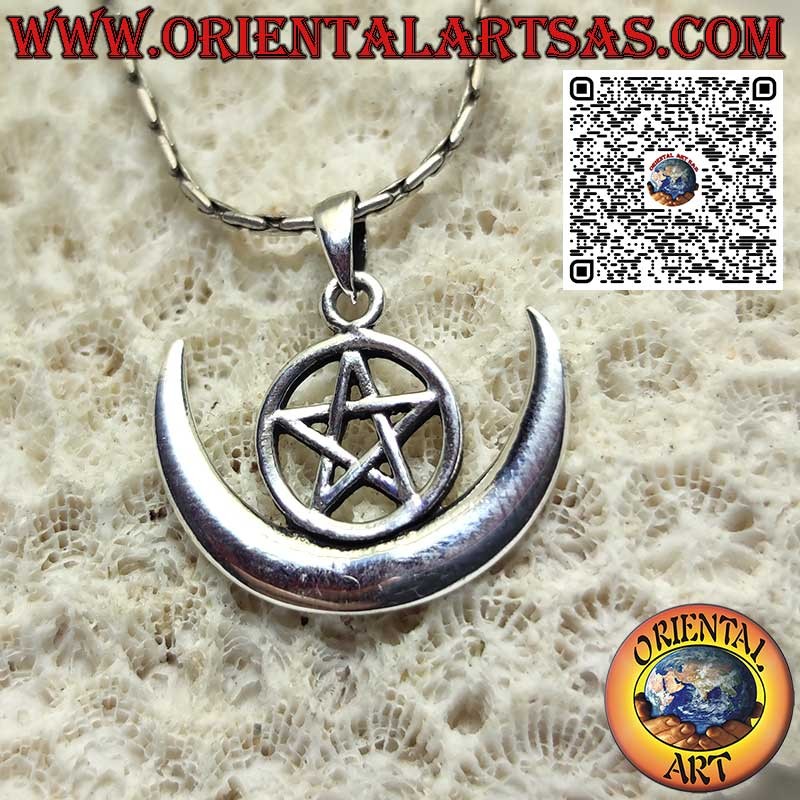 Ciondolo in argento, wicca "pentacolo e luna crescente" simbolo di protezione,
