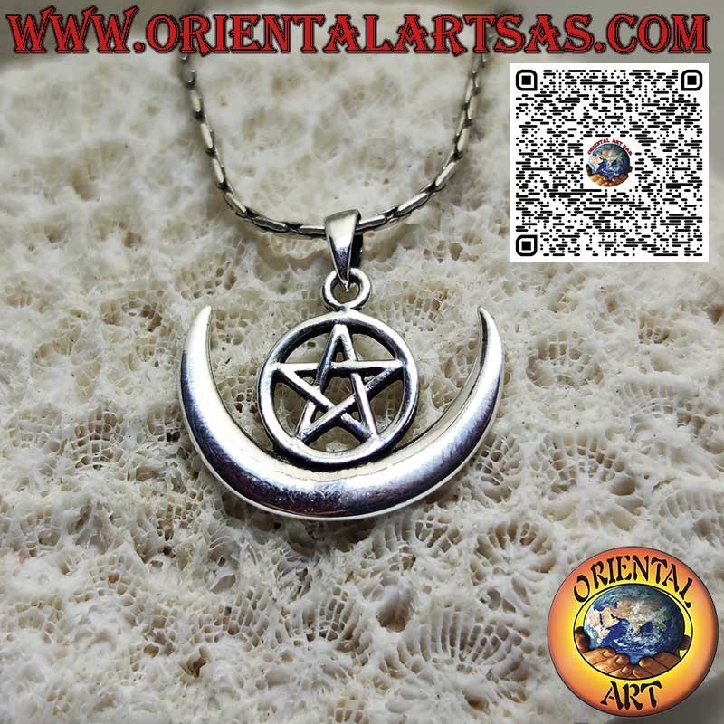 Pendentif en argent, protection wicca "pentagramme et croissant de lune"