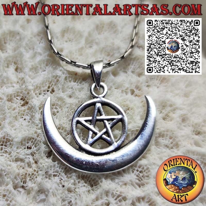 Pendentif en argent, protection wicca "pentagramme et croissant de lune"