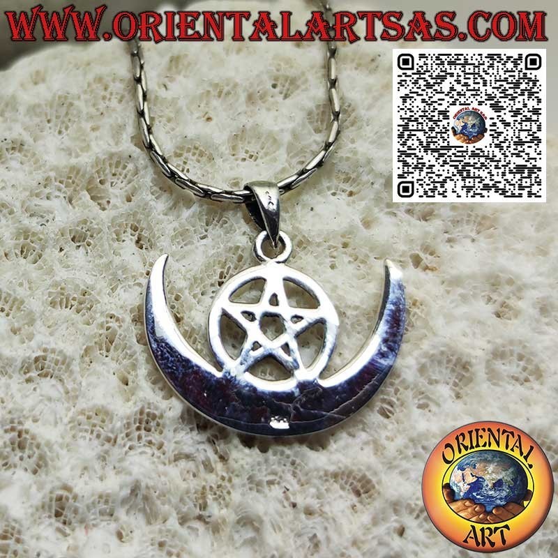Ciondolo in argento, wicca di protezione "pentacolo e luna crescente"