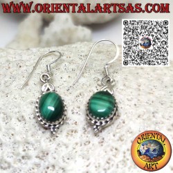 Dangling silver earrings with natural oval malachite set